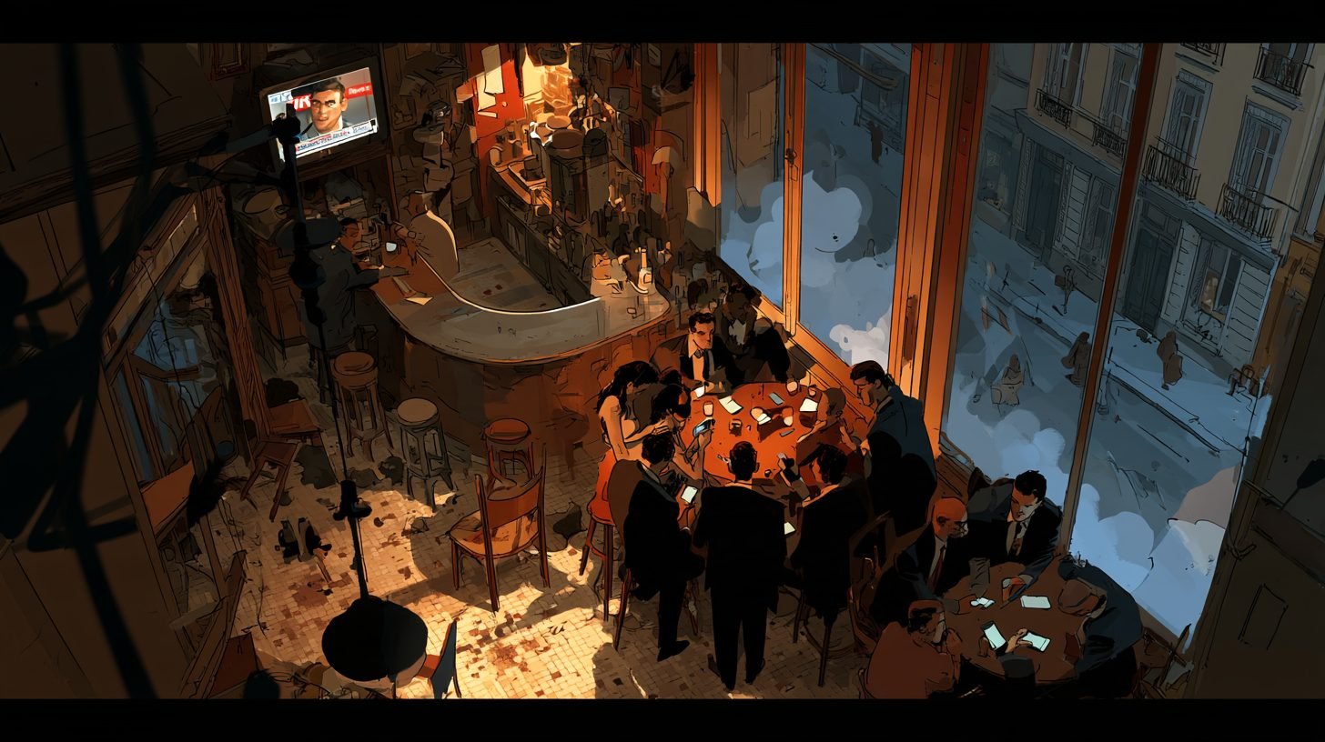 Le bar habituel, version calme : dessin net et chaleureux
