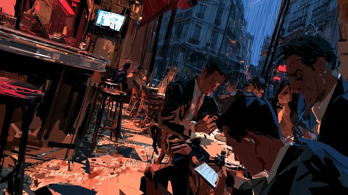 Le bar habituel sous la pluie, des jeunes en costume penchés sur leurs téléphones