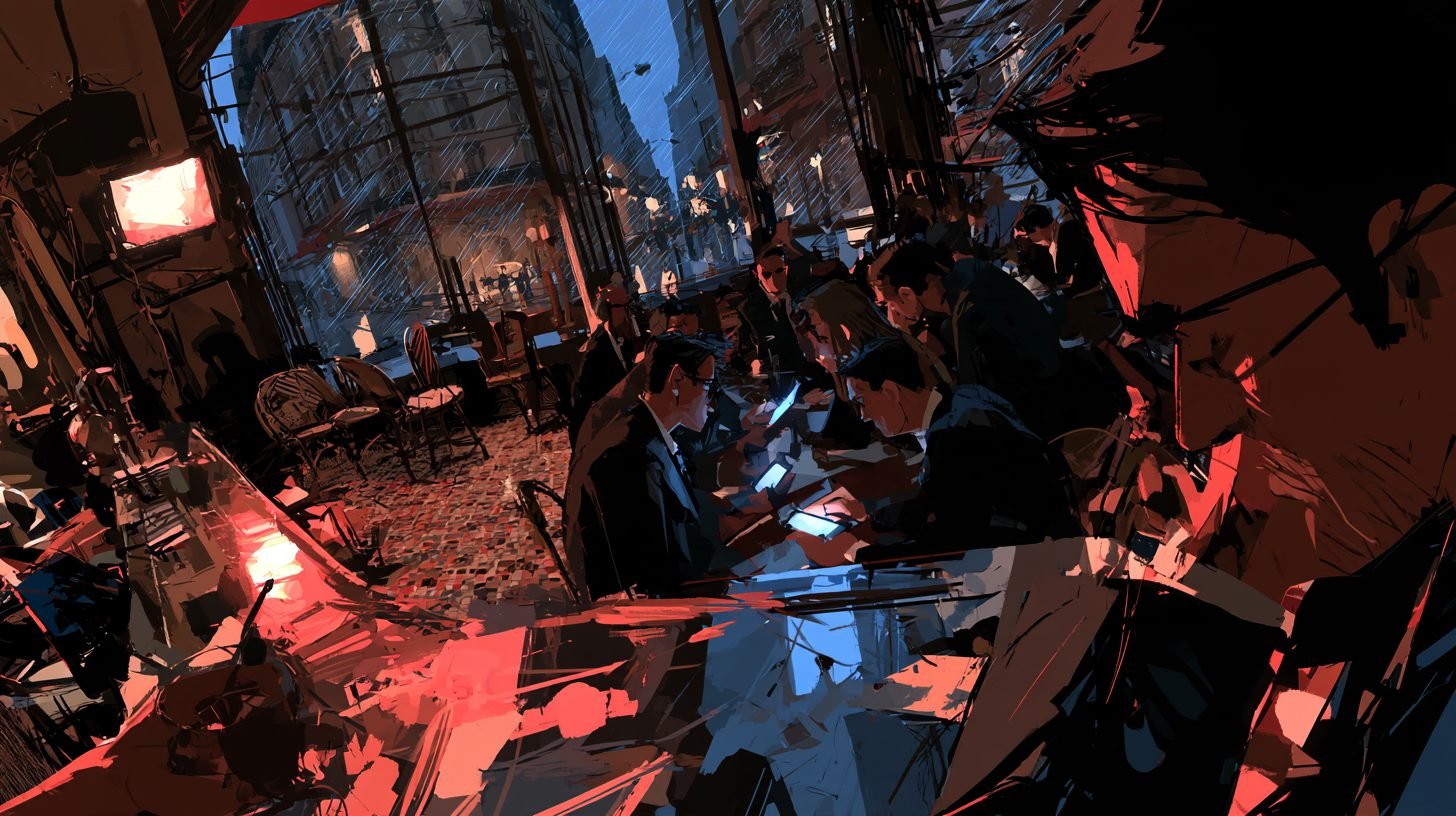 Le bar habituel, version anxieuse : image fragmentée, éclairée par les téléphones
